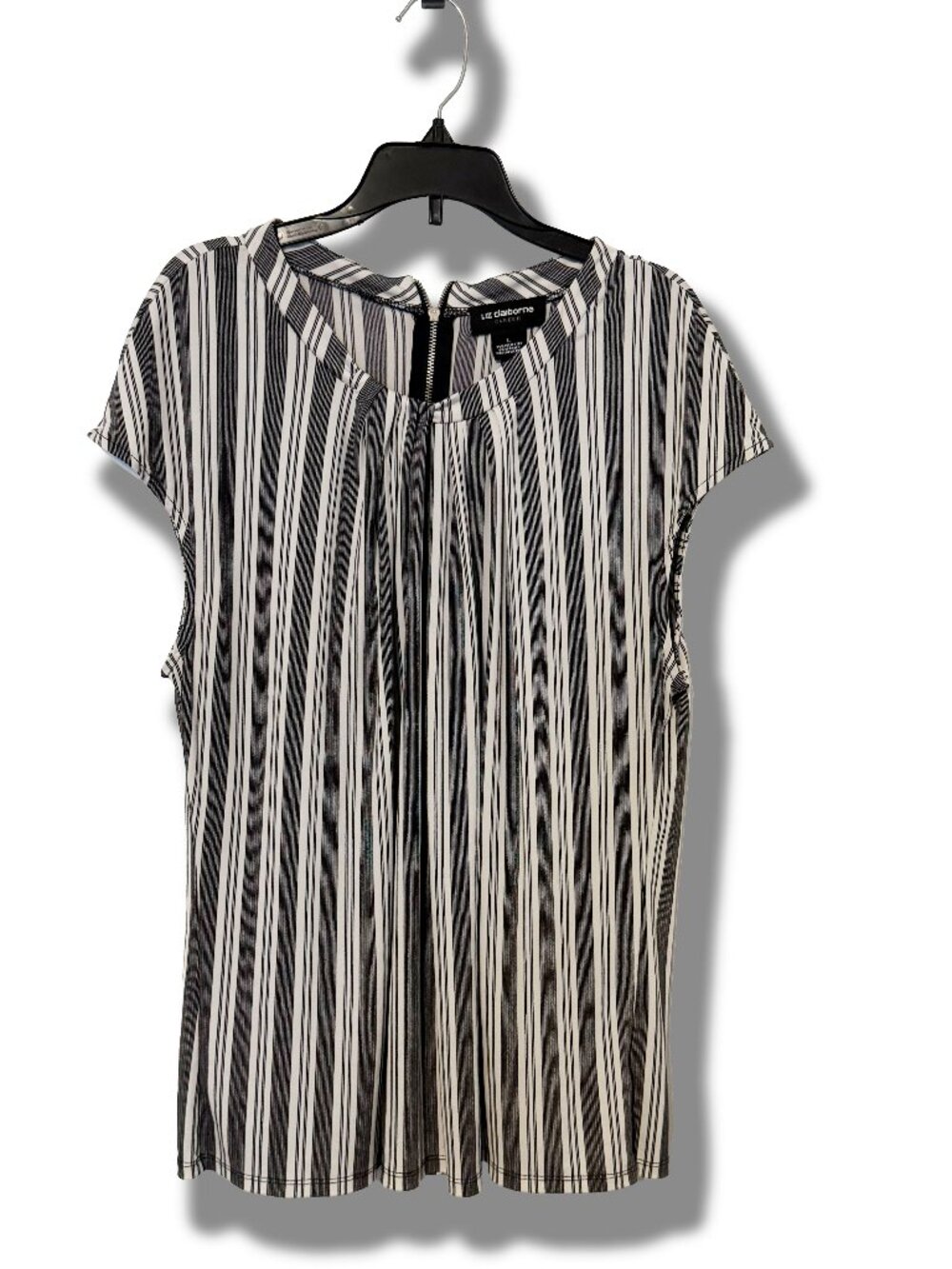 Liz Claiborne Large Black White Vertical Stripe Pleated Cap Sleeve Top Blouse